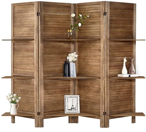 ROSE HOME FASHION 4 Panel 5.6 Ft Wood Room Divider, Wood Folding Privacy Screen Panels, Panel Divider&Room Dividers, Room Dividers with 3 Shelves and Folding Privacy Screens (4 Panel,Brown)