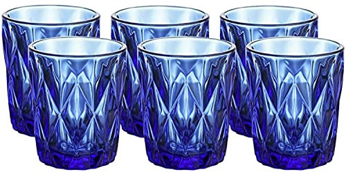 Vasos de agua de cristal de color Azul Cobalto con diseño de diamantes Juego de 6 (Azul Cobalto 2)