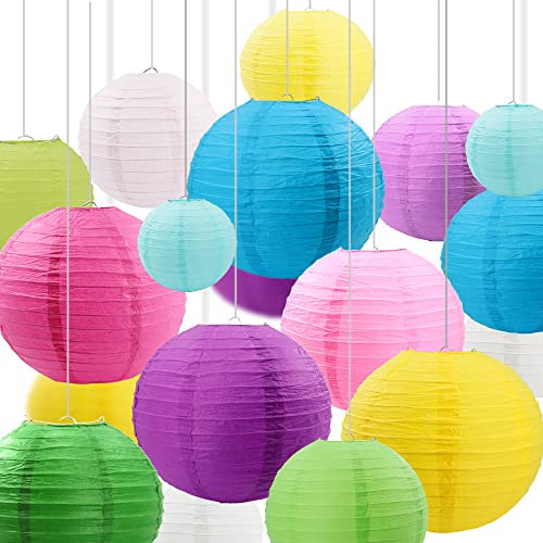 Newthinking 20PCS Hanging Paper Lanterns, 6 8 10 12 Round Colourful Paper Lantern Decorations with Hanging Line for Weddings Decoration, Indoor and Garden Party Decoration