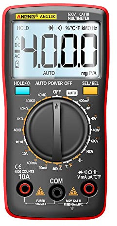 SATMW AN113C Multímetro Digital 4000 Cuentas True RMS Pantalla LCD AC y DC Tester Voltaje Voltímetro Amperímetro Voltímetro - Rojo (sin Caja)