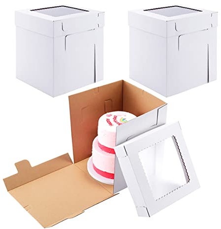 Huoshange Cake Boxes 10x10x12 Inch [3Pack ] Premium&Sturdy,Tall Cake Box for Tier Cakes,White Bakery Boxes with Window, Disposable Cake Containers