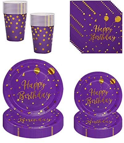 ZOOMPIL Juego de vajilla de Fiesta Morado y Dorado, Vajilla de punto de oro púrpura, Puntos Dorados Platos, Vasos y servilletas para Bodas, cumpleaños, Baby Shower, Sirve para 16 Invitados