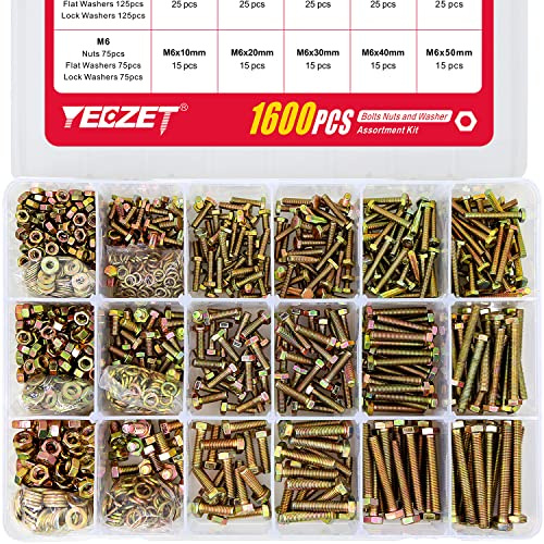YEEZET 1600 bulloni e dadi resistenti M4, M5, M6, grado 8,8, set di rondelle piatte e di bloccaggio, include 15 misure più comuni