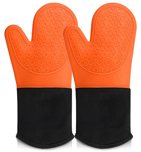 Mardatt 2 guantes de horno de silicona naranja, guantes de horno profesionales resistentes al calor, agarre texturizado y antideslizante, guantes impermeables de longitud extra para cocina, barbacoa