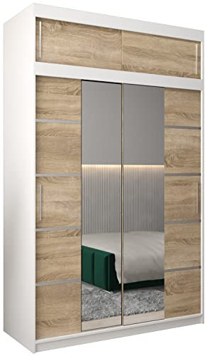 MEBLE KRYSPOL Verona 4 150 Schlafzimmerschrank Schiebetüren Schrank mit Spiegel Kleiderschrank mit Spiegel Schiebetürenschrank Kleiderschrank Schiebetüren 150x240x62cm - Mattweiß Sonoma Verlängerung