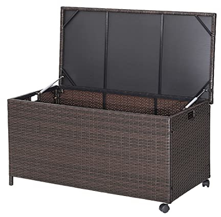 RELAX4LIFE Patio Rattan Storage Box - 50 Gallon All-Weather Wicker Storage Box w/Top Lid, Protective Liner and Wheels, Outdoor Deck Box Waterproof for Cushions, Toys, Garden Tools
