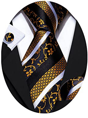 Barry.Wang Man Stripe Ties Set Silk Woven Pocket Square Necktie Cufflinks Formal Party Business