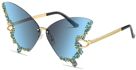 YAMEIZE Schmetterling Sonnenbrille Randlose Vintage Brillen-Lustige Diamond Strass Disco Brille für Herren Damen Getönte Rave Brille Festival Sonnenbrille