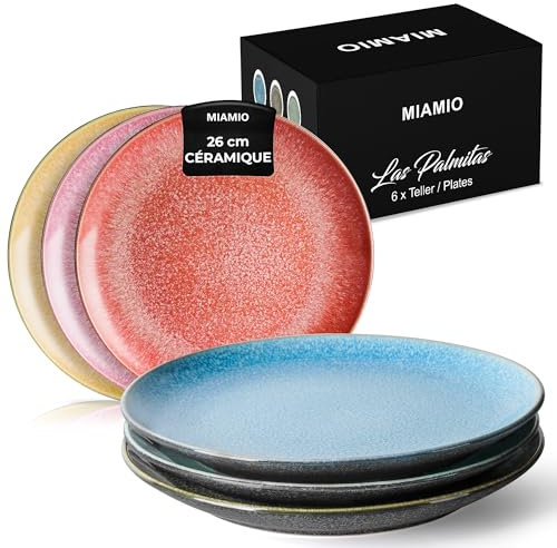 MIAMI O Las Palmitas Collection Assiettes plates en céramique Passe au micro-ondes, au four et au lave-vaisselle 26 cm Lot de 6