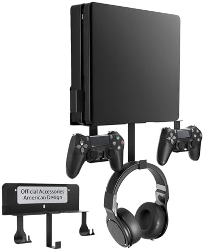 Wall Mount for PS4 Slim with Detachable 2 Controller Holder & Headphone Hanger, Metal Stealth Wall Mount Stand for Playstation 4 Slim