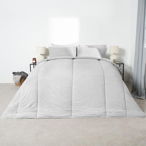 OHS Coverless Duvet Double 10.5 Tog Teddy Fleece Silver Grey, Coverless Duvets Set with Pillowcases Winter Duvet Fluffy Bedding Quilt Covers Double Duvets
