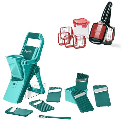 Genius Nicer Dicer Mando inklusive Quick Gemüseschneider 19 tlg., Saltaschneider Gemüsehobel manuell mit Auffangbecken 6 Einsätze Zwiebel Kartoffel Zerkleiner für Julienne Scheiben Würfel