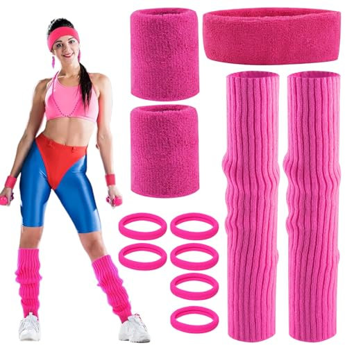 Ormromra 80er Jahre Damen Rosa Beinlinge Set, Neon Beinwärmer Outfit Kostüm Set, Karneval Gestrickte Beinlinge Zubehör Set und Haarring, Legwärmer Strümpfe, Stirnband Armbänder für Sport Thema Party
