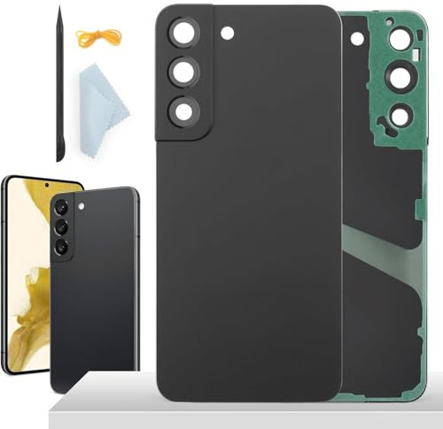YHX-OU 6.1'' Schwarz Akkudeckel für Samsung Galaxy S22 5G SM-S901B, SM-S901U Rückseite Glas Backcover Back Ersatz Reparatur Set mit Kameraobjektiv + Werkzeug