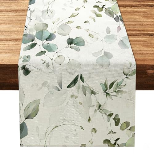 LOMOHOO Tischläufer Grün Tischläufer Eukalyptus, 32x240CM Saisonale Tischläufers Modern für Esstisch Dekor Hochzeit Küche Drinnen Draußen Wohnzimmer Party