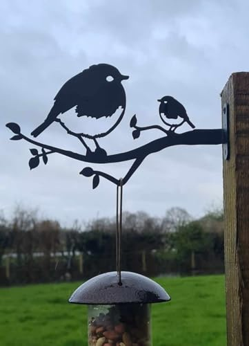 Robin & Chick Birdfeeder Hanger Holder Station | Metal Garden Art Ornament Outdoor Bracket | Hook for Birdfeeders & Wind Chimes | Fixings Included