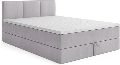 MRGROUP Boxspringbett mit Bettkasten RYGA 160 x 200 cm, Samtstoff, Polsterbett mit Bonell-Matratze und Topper, Doppelbett mit Stauraum, Bett für Schlafzimmer, Gepolstertes Kopfteil, H3, hellgrau