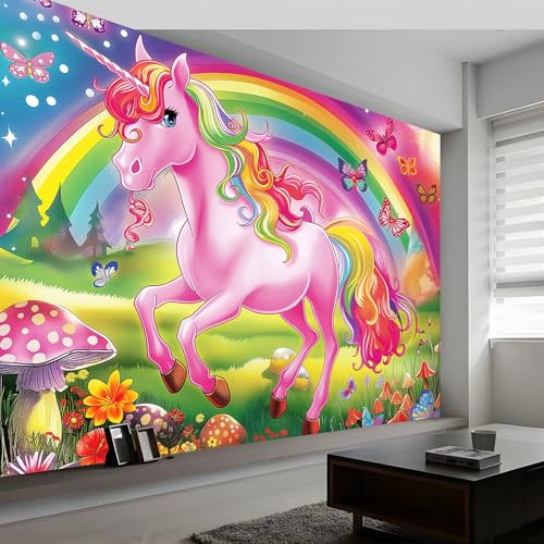 Wandtapete Tier-Einhorn-Schmetterling-Regenbogen Fototapete, Bunt Vliestapete Bild Dekoration Wand-Dekor, 300 x 210 cm (W x H) Tapete Panorama Poster Für Mädchen, Jungs Schlafzimmer Wohnzimmer