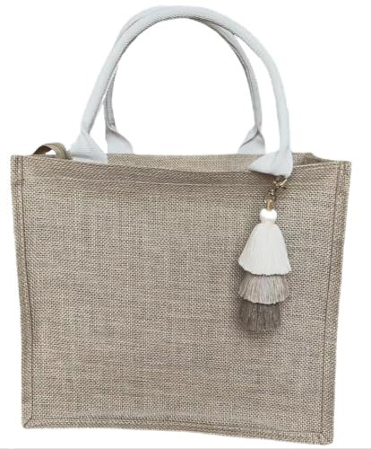 Ardorion Jute Tasche mit Reißverschluss und Quastenanhänger Wasserdicht Groß Einkaufstaschen Shopper Bag Jutebeutel Strandtasche Faltbar Handtasche Geschenktasche