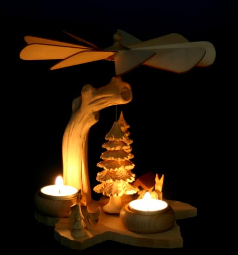 Kunststube Marienberg - Teelicht Blatt - Pyramide 22cm Wildfütterung - Holz massiv - Geschnitzte Bäume & Rehe - feine Handarbeit aus dem Erzgebirge
