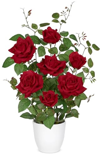 Oairse Flores artificiales en maceta de seda realista para decoración del hogar, rosas rosas rosas artificiales con maceta blanca, decoración floral para boda, sala de estar, dormitorio, oficina