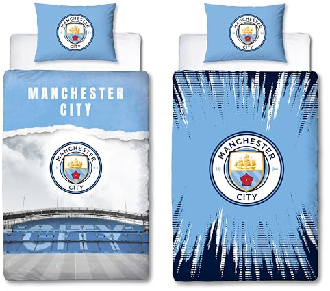 Character World Manchester City FC Official Single Duvet Cover Set | Blue Reversible 2 Sided Football Stadium Bedding Cover Official Merchandise Including Matching Pillow Case