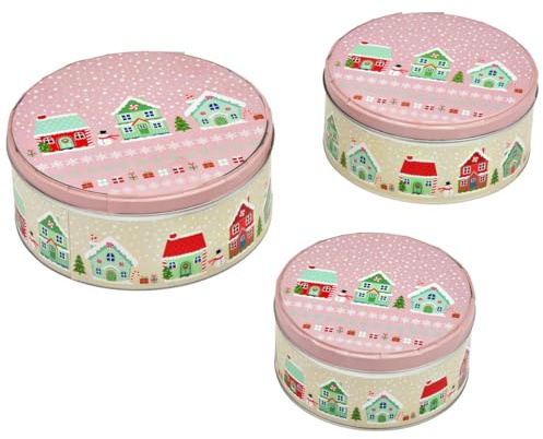 Gebäck-Dosen rund Merry Christmas 3er Set - Plätzchendosen aus Metall Rosa Scandi Weihnachtsdorf Häuser für Plätzchen Kekse & Snacks - Keksdose Vorratsdose Blechdose mit Deckel in 3 Größen