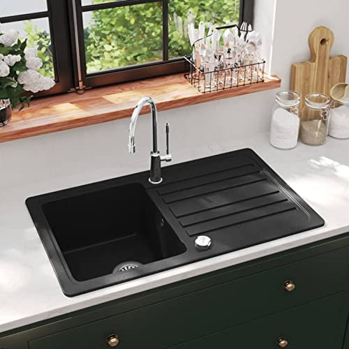 ShGaxin Fregadero de Cocina de Granito con un Seno y escurridor Negro, Mueble Pila Lavadero, Pila Fregadero Cocina, Fregadero sobre Encimera, Fregadero Baño Encimera, Picas De Cocina