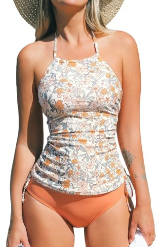 CUPSHE Women's Tankini Sets Two Piece Swimsuit High Neck Halter Tummy Control Mid Rise Adjustable Drawstrings, XS