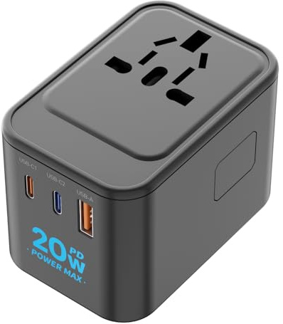 decqle Universal Travel Adapter for International Travel - EU UK US AU JP | PD 20W, 2 USB-C ＆ 1 USB-A, International Plug Adapter, All in One Portable Adapter, NOT A Voltage Converter (Inky)