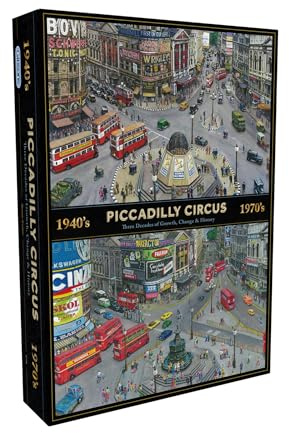Gibsons Piccadilly Circus Through the Decades 1000 Piece Jigsaw Puzzle for Adults – London Landmark Artwork by Bryan Evans – 1940s & 1970s City Scenes – Premium Sustainable Puzzle Made in the UK/EU