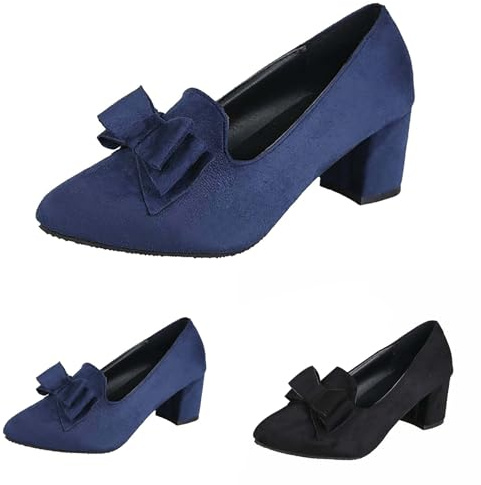 Wide Fit Black Suede Closed Toes Womens Low Block Heel Shoes Women Chunky Heel Loafers Mid Heels Court Shoes with Butterfly Bow Fashion Formal Loafers Elegant Party Heels for Work Occasion