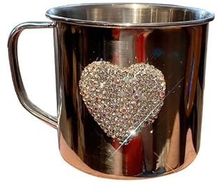 Unisaches Bling - Tazza a forma di cuore in acciaio inox, 350 ml, con strass scintillanti, regalo glam per lei, tazza da caffè o tè glitterata