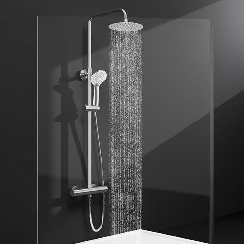 Sky Bathroom Thermostatic Shower Mixer Set | 8 Rainfall Shower & 3-Mode Handheld Head | Wall Mounted Bar Mixer Shower System | Stainless Steel Adjustable Sliding Riser Rail Chrome Finish