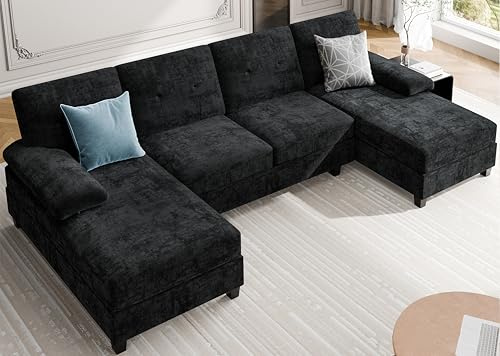 Meilocar Sectional Couches for Living Room, 106 in U Shaped Couch Soft Sectional Sofa with Double Chaise, Comfortable 4 Seat Sofa Couch (Black)