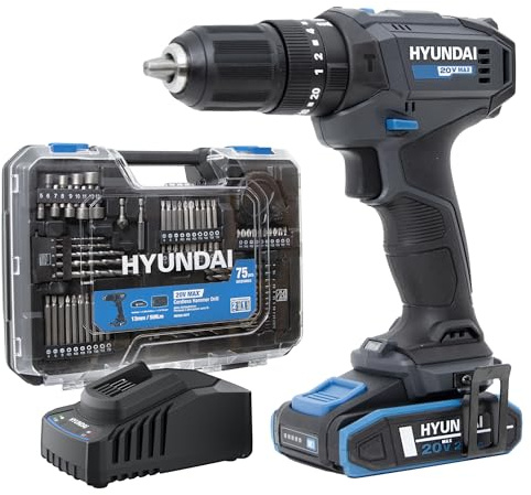 HYUNDAI Akku-Schlagbohrschrauber 20V, 50 Nm – Set inkl. Akku, Ladegerät & 75-teiligem Zubehör – mit Metallgetriebe & 13 mm Bohrfutter – sofort einsatzbereit für Holz, Metall & Beton