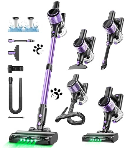 NYXAL Akku Staubsauger, 52KPA/500W/45Mins Staubsauger Kabellos mit LED Display, Ausziehbarer Schlauch, Anti Tangle Bürste, 5-stufiges Filtersystem Grünes Licht für Hartböden Teppiche Tierhaare, Lila