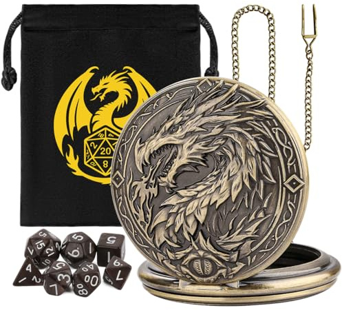 Mini DND tärningsset med steampunk drake stor fickur snäckfodral, 7-delad polyhedral akryl D & D-tärning, DND-presentpåse med draklogotyp, rollspel brädspeltillbehör, brons + brun