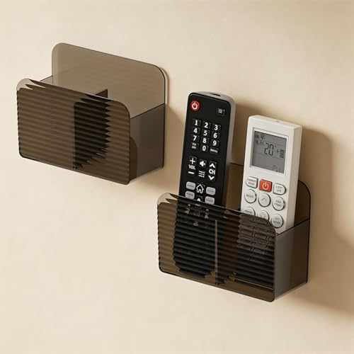 PAVSTINE Soporte Mando Pared sin Taladro con Compartimentos, 2 Piezas | Soporte Mando Autoadherentes, Organizador Mandos Multifuncional para Mandos a Distancia y Reproductor Multimedia, Marrón