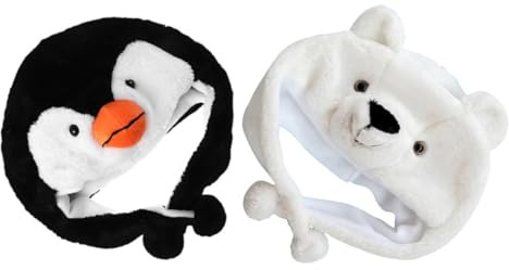 Homoyoyo 2 Stück Tiermützen Pinguin Eisbär Plüschhüte für Jungen Mädchen Elastisch Atmungsaktiv Warme Kostümhüte für Halloween Karneval Rollenspiele
