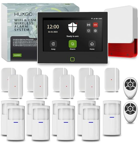 HUXGO® Alarmanlage Funk Set WLAN + GSM 4G | Alarm Kit mit Funk Alarmirene 9X PIR-Sensoren, 9X Tür- & Fenstersensoren | DIY-Montage, ideal für Haus, Wohnmobil, Garage | Modell HXA700
