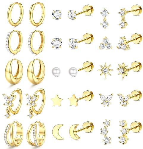 Dochais 15 par örhängen med platt rygg set allergivänliga örhängen, Genomsnitt, Rostfritt stål, Zirconia | Örhängen set örhängen rostfritt stål smycken dam piercing tragus helix brosk guld silver