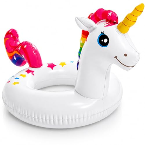 AURALIN Salvagente gonfiabile a forma di unicorno, 58 cm, di alta qualità, con glitter scintillanti, tubo compatto per sdraio d'acqua per vacanze estive al mare e feste in piscina, 57 cm