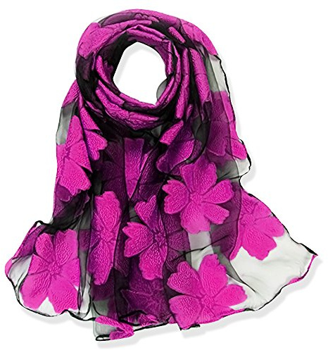 YFZYT Organza-Schal für Damen mit Feder Stickerei Muster/Elegantes Accessoire für Frauen/Organza-Schal/Halstuch/Schulter-Tuch/Schal Chiffon Stola Scarves - Rose Rote Blume