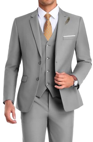 Mrbuerly Men Suit 3 Pieces Slim Fit, Wedding Suits for Mens Tuxedo 2 Buttons Business Blazer Vest & Trousers Grey M/4034