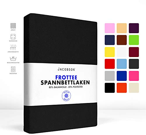 Jacobson Premium FROTTEE Spannbettlaken Spannbetttuch Bettlaken Baumwolle ca. 200g/m² (120x200cm - 130x200cm, Schwarz)