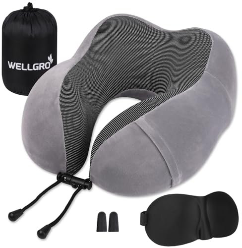 WELLGRO Nackenkissen Set mit 3D Schlafmaske und Ohrstöpsel - Abnehmbarer Bezug - Memory Schaum - Reißverschluss - inkl. Aufbewahrungstasche - Reisekissen - Farbe wählbar, Farbe:Grau