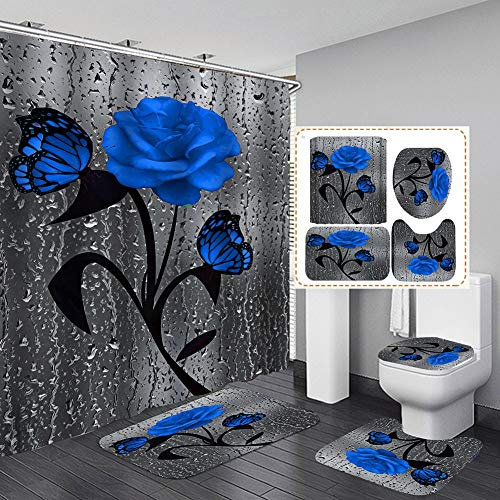 4 STK. Blumenduschvorhang-Sets mit rutschfesten Teppichen, Toilettendeckel und Badematte, Rose Flower Regentropfen-Duschvorhang mit 12 Haken, wasserdichter Stoff-Duschvorhang Badezimmerdekor