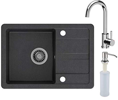 VBChome Spülbecken Schwarz mit Armatur 62 x 44 cm Granit Einzelbecken Einbauspüle Abtroffläche gesprenkelt reversibel Armatur chrom Wasserhahn Hochglanz Verbundspüle + Siphon Spülmittelspender