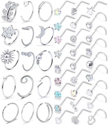Kridzisw 18G Nose Rings Hoops Studs Piercing Jewelry for Women 18 Gauge Stainless Surgical Steel L Shaped Bend Screw Nose Ring Hoop Nose Rings Stud Nostril Piercing Jewelry Men Silver 2mm CZ Diamond